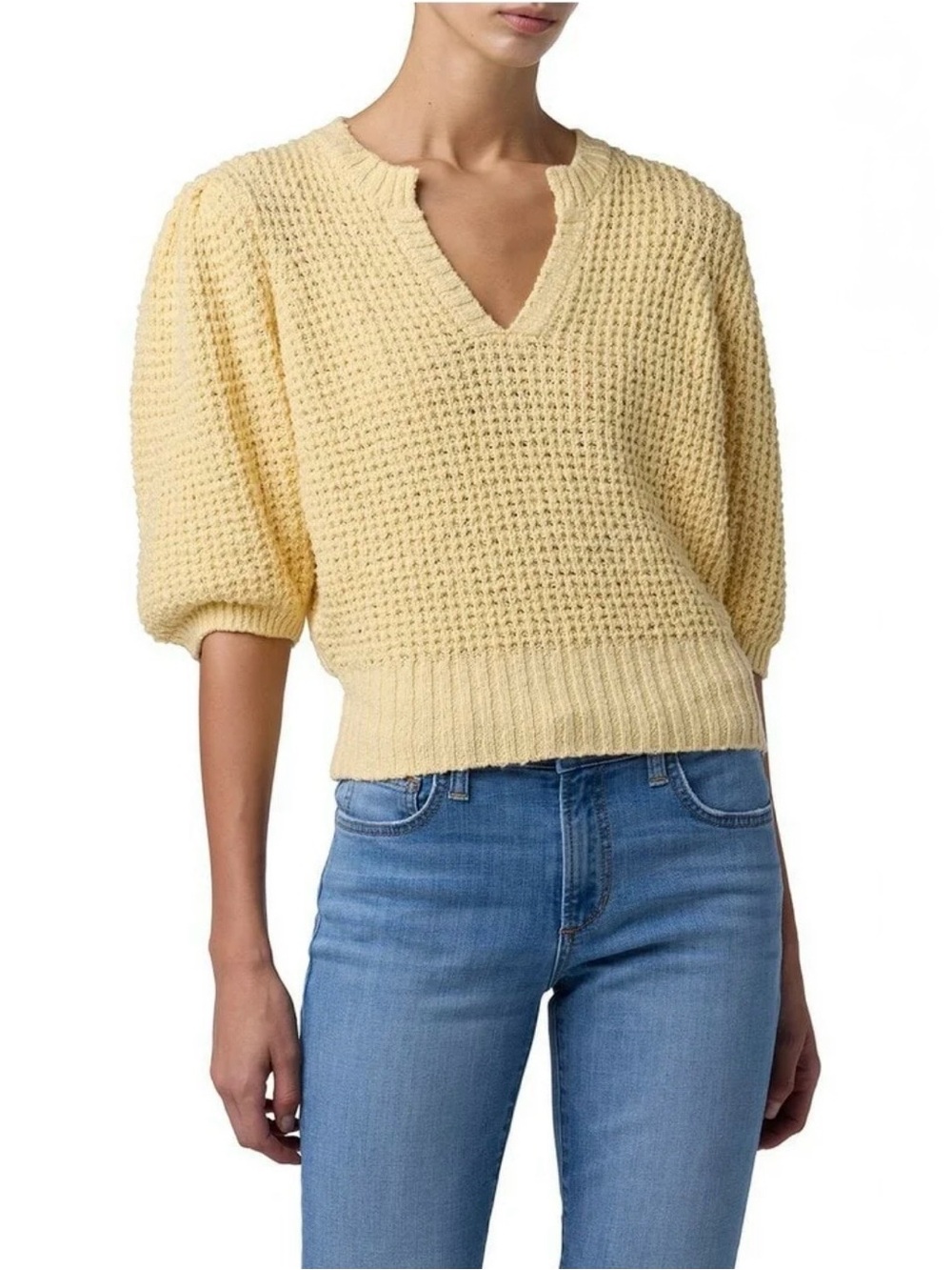 Joe's NEW Butter Yellow Knit Split V Neck Puff Sleeve Short Sleeve Sweater Small